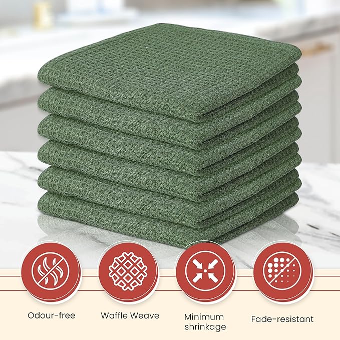Vintage Vista 100% Cotton Waffle Dish Cloths (Pack of 6) - Dish Rags for Washing Dishes - Reusable & Highly Absorbent Kitchen Towels - Kitchen Rags fo Easter - (12" x 12" - Hunter Green)