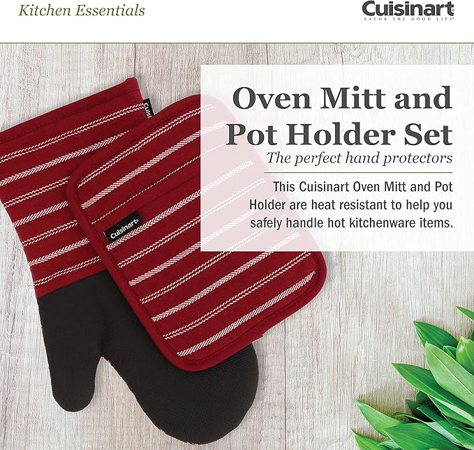 Cuisinart Neoprene Oven Mitts and Potholder Set-Heat Resistant Oven Gloves to Protect Hands and Surfaces with Non-Slip Grip, Hanging Loop-Ideal for Handling Hot Cookware Items, Twill Stripe Red Dahlia