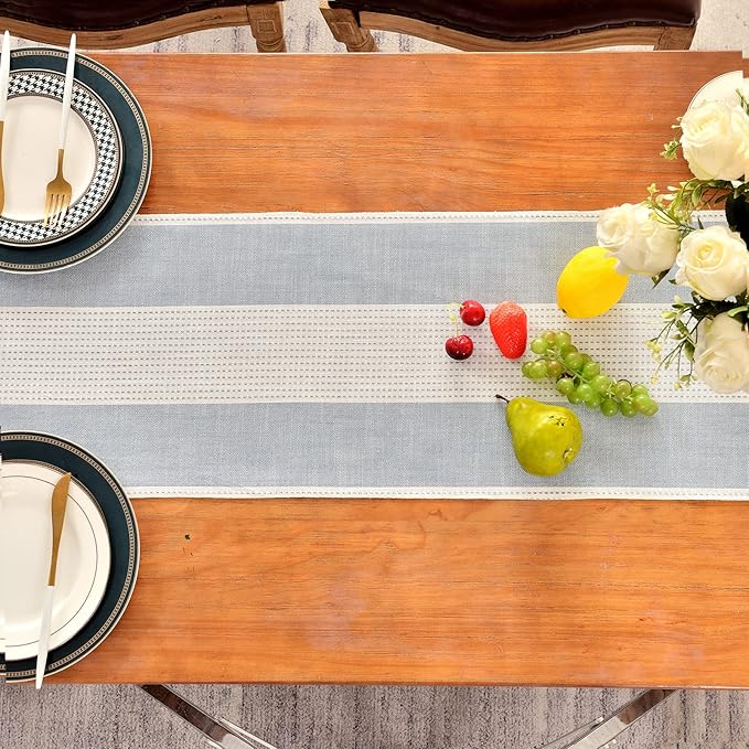 Wracra Linen Table Runner, Farmhouse Macrame Table Runners 72 Inches Long for Dining Table Decor, Wedding, Party and Dresser Decor (Blue,72")