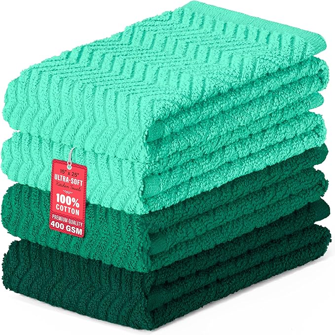 DecorRack 100% Cotton Kitchen Towels, 15" x 25" Absorbent Dish Towels [Premium Quality 400 GSM] Forest Set, Teal/Green (Pack of 4)