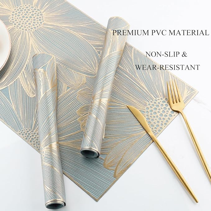 Gold Placemats Set of 6 Rectangle Pressed Vinyl Table Mats Heat Resistant Non-Slip Washable Wipeable Place Mats for Dining Table Indoor Outdoor Flower Dinner Placemats