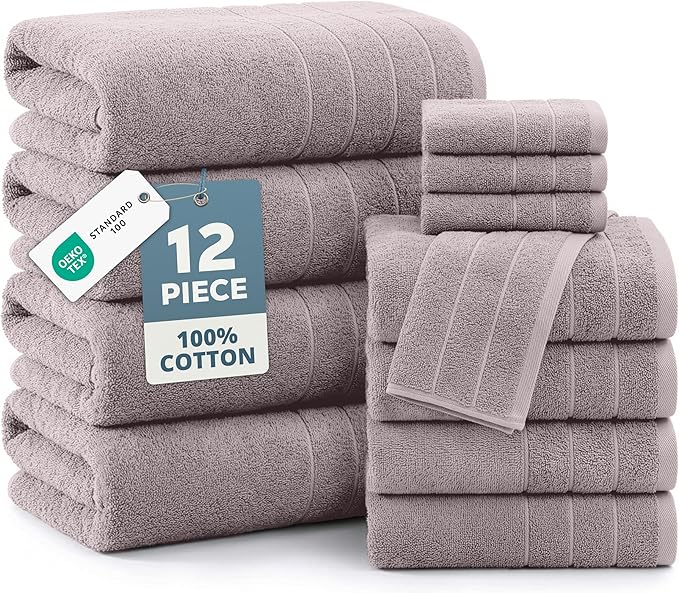 Casa Platino 100% Cotton Bathroom Towel Set - 12 Pcs - Very Soft, Quick Dry & Highly Absorbent - 4 Bath, 4 Wash Cloth, 4 Hand Towels - Ideal for Guests & Perfect for Your Bathroom - Platinum
