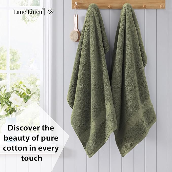 LANE LINEN 4 PCs Bath Towels Set (28"x54") - 100% Ring Spun Cotton Bathroom Towels Set - Quick Dry, Ultra Soft & Absorbent, Durable Large Bath Towels - Tumble Dry Regains Fluffiness - Oil Green