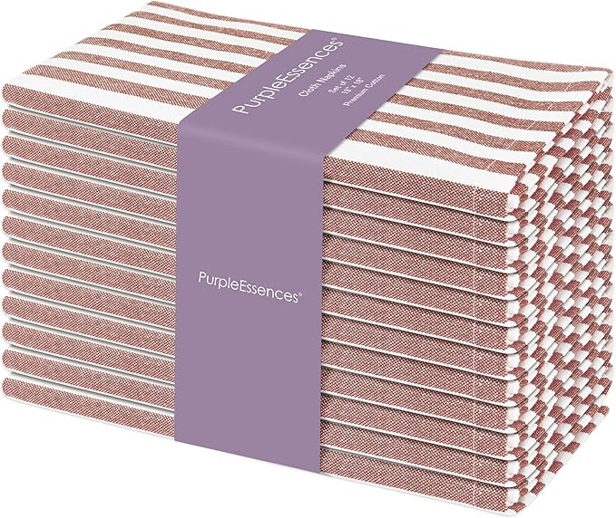 PurpleEssences Plain Striped Cloth Napkins - Set of 12-100% Cotton - 18 x 18 Inch - Spring Easter Summer and Perfect Everyday Use Dinner Napkin - Royal Rust Ivory