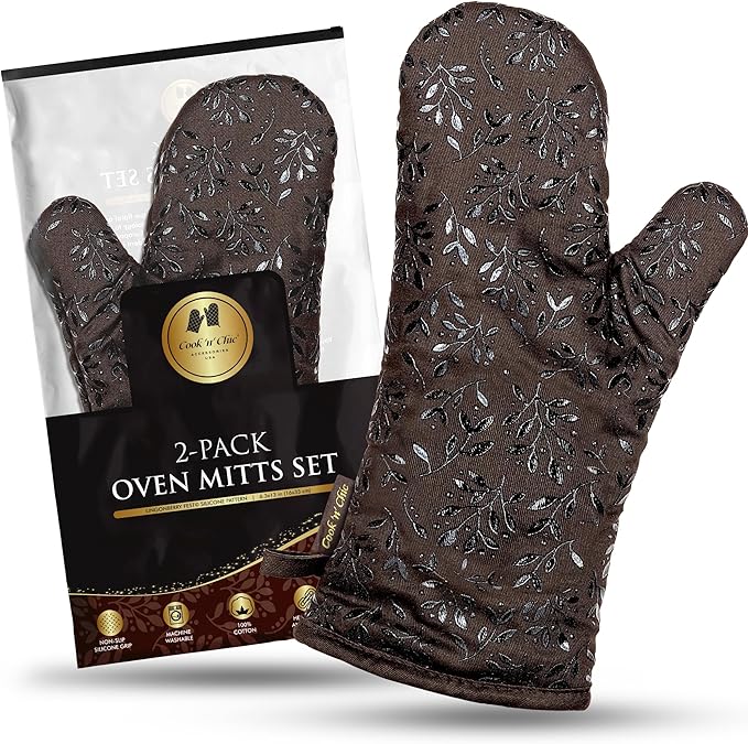 Premium Heat-Resistant Oven Mitts - Stylish and Beautiful - Non-Slip Platinum Silicone Grip - Long and Thick - 100% Natural Cotton Exterior and Soft Terry Cloth Lining - Cook'n'Chic Set of 2 - Brown