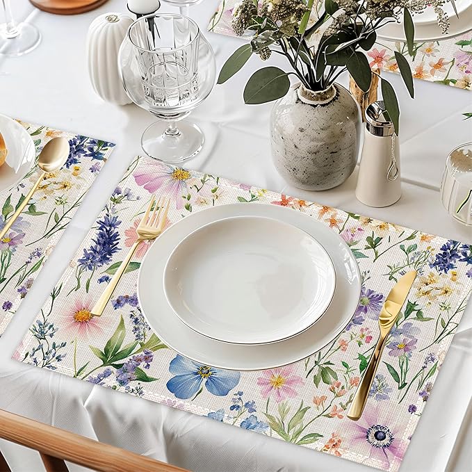 Wildflowers Floral Placemats Set of 6,Plants Waterproof Heat Resistant Dining Table Plate Mat for Home Kitchen Dining Table 12x18Inch