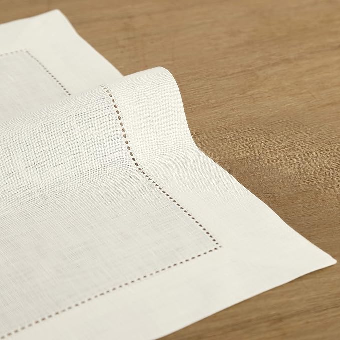 Solino Home Ivory Linen Napkins Set of 4-100% Pure Linen Hemstitch Dinner Napkins 20 x 20 Inch for Spring, Summer, Mothers Day - Classic Hemstitch