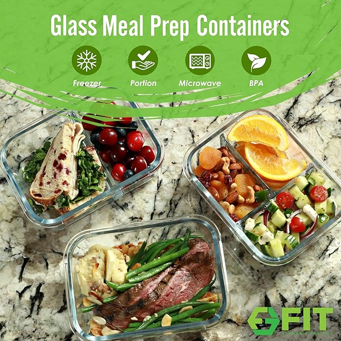 FIT Strong & Healthy Glass Meal Prep Containers, 1 & 2 & 3 Compartments – Adult Bento Box, Beige Food Storage Containers with Lids, Leak-Proof, Oven & Freezer Safe, 35 oz, 3 Pack Lunch Box