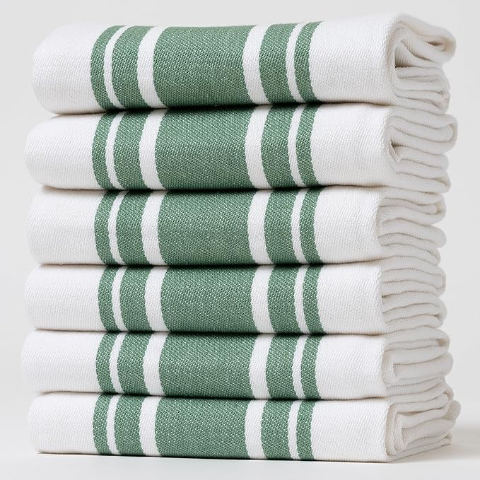 Kitchen Towels Set – Pack of 6 (20’’ x 30’’) Extra Large Premium Cotton Dish Towels for Kitchen – Super Striped Towels – Absorbent – 100% Cotton – with Hanging Loop – Green