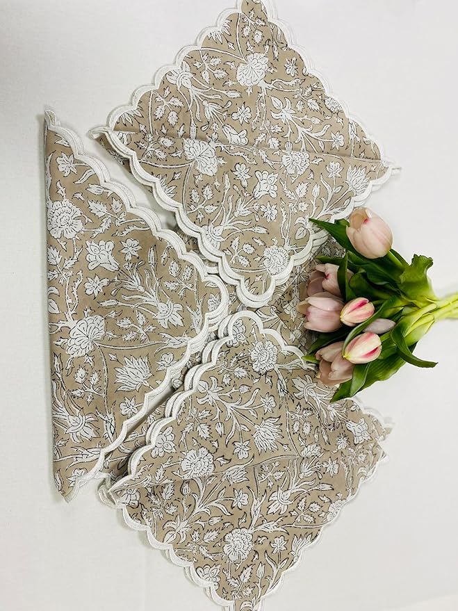 Ridhi Hand Block Print Taupe 18" x 18" (Set of 4) Embroidery Table Napkins Reusable Cotton Dinner Napkins for Weddings, Parties, Everyday Dining Gift for Spring, Easter, Valentine