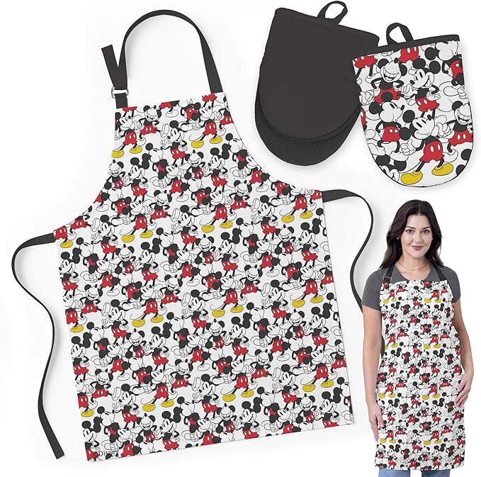 Best Brands Disney Apron & Oven Mitts Set – 3 Piece Bundle with 1 Cotton Kitchen Apron for Cooking & 2 Heat Resistant Pot Holders