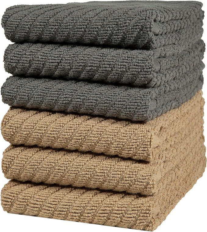 Premium Kitchen Towels (16”x 25”, 6 Pack) | Large Cotton Kitchen Hand Towels | Dish Towels | Diagonal Weave Design | 445 GSM Highly Absorbent Tea Towels Set with Hanging Loop | Grey & Tan