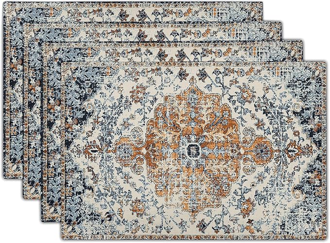 aportt Brown Navy Blue Ethnic Boho Placemats Set of 4 Bohemian Carpet Vintage Gold Black Tan Floral Linen Washable Kitchen Dining Table Mats Stain Heat-Resistant Desktop Place for Home Party 12x18 in