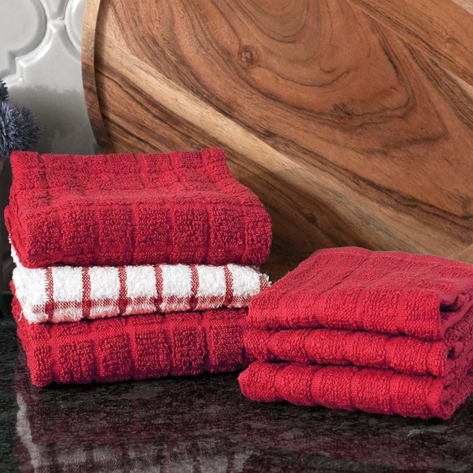 Ritz Premium Kitchen Towel and Dish Cloth Value Set: Highly Absorbent, Super Soft, Long-Lasting, 100% Cotton Checked and Solid Hand Towels, Tea Towels, Bar Towels - 6 Pack, Paprika