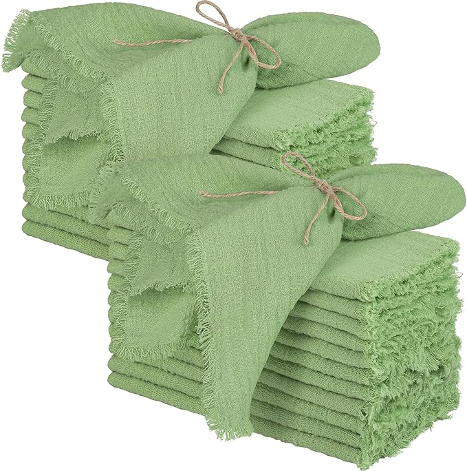 TURSTIN 24 Pieces Cotton Linen Cloth Napkin Handmade Cloth Napkin with Fringe 17 x 17 Inch Soft Cloth Dinner Wedding Napkin Square Rustic Fringe Table Napkin for Dinners, Parties, Weddings, Sage Green