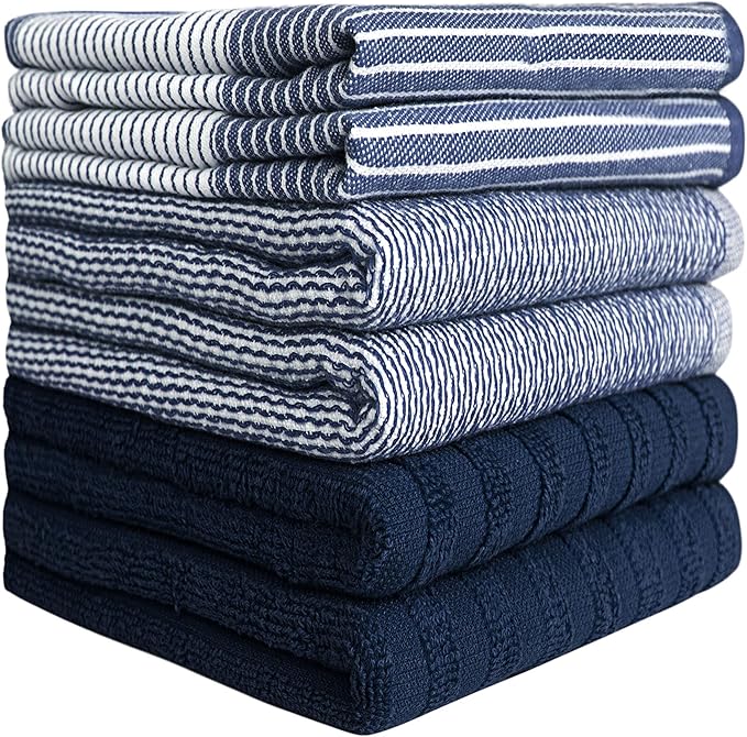 Premium Kitchen Towels (20”x 28”, 6 Pack) | Large Cotton Dish Towels | Flat & Terry Highly Absorbent Kitchen Linen Set with Hanging Loop | Navy Blue