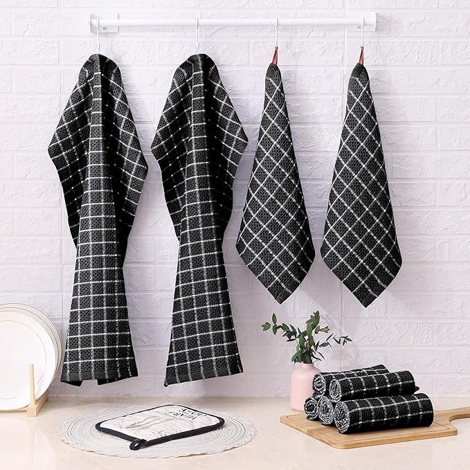 Homaxy 100% Cotton Kitchen Towels 8 Pack-15 X 25 Inches, Check Design Waffle Weave Hand Tea Towels, Super Soft and Absorbent Dish Towel for Drying Dishes, Black&White