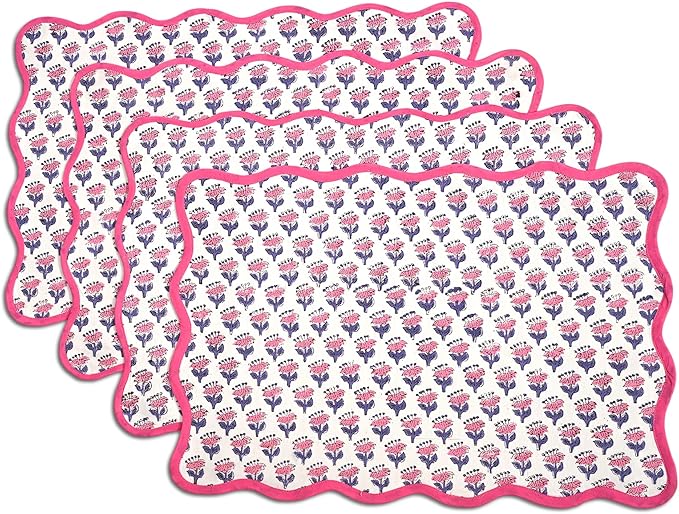 CPC Cotton Placemats Pink Sapphire Set of 4-Hand Block Printed Reversible Placemats, Flower Scalloped & Embroidered Cloth Table Mats - 14 x 20 inch Gift for Spring, Mother's Day