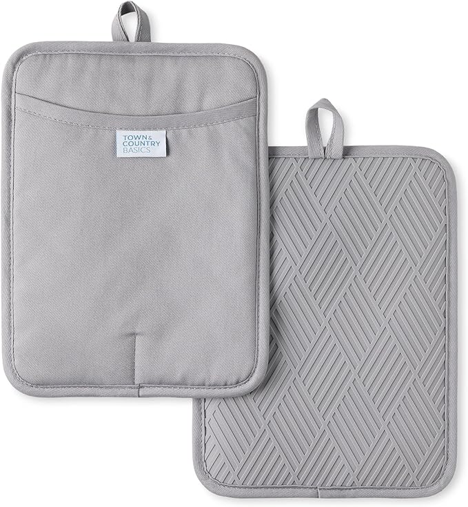 Town & Country Basics Basketweave Soft Silicone Pot Holder 2-Pack Set, Heat Resistant up to 500F, Flexible Silicone, Non-Slip Grip, Grey, 7.5"x10"