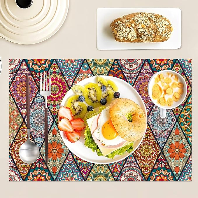 Set of 6 Washable Colorful Bohemian Placemats Non-Slip Heat-Resistant 12x18 Inch Thick DecorativeLinen Table Mats for Dining Table Home Décor