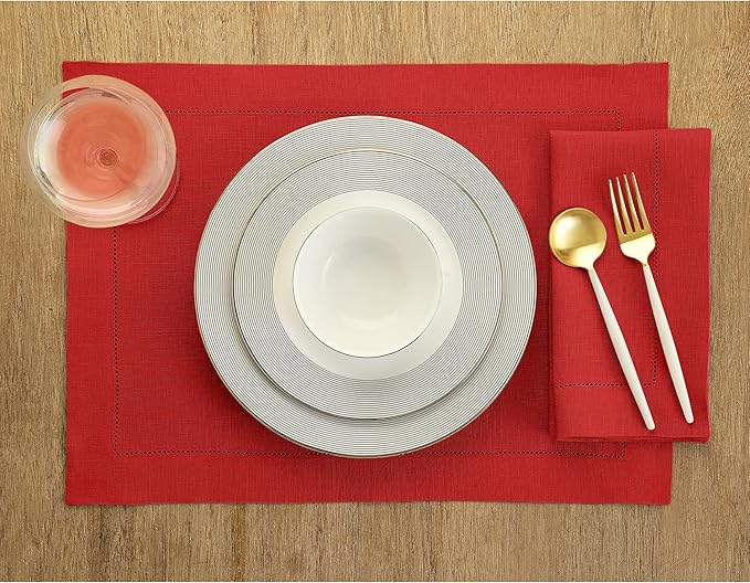 Solino Home Linen Cloth Placemats Set of 6-100% Pure Linen Hemstitch Red Placemats 14 x 19 Inch - Classic Hemstitch Table Place Mats for Mothers Day, Memorial Day