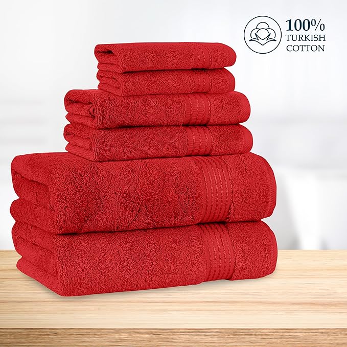 Mocassi Luxury 100% Turkish Cotton 6-Piece Towel Set - Ultra Soft, Quick Dry Highly Absorbent Premium Spa Hotel Quality Bath Towels, Includes 2 Bath Towels, 2 Hand Towels and 2 Washcloths, Red
