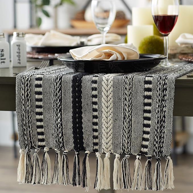 DII Farmhouse Braided Stripe Table Runner Collection, 15x72 (15x77, Fringe Included), Black