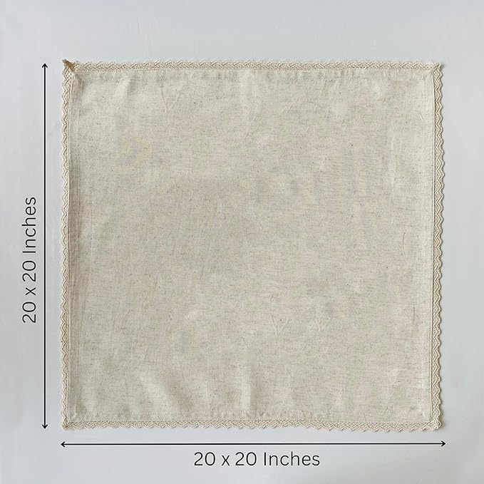 FINGERCRAFT Dinner Cloth Napkin Cotton Linen 12 Pack Vintage Rustic Premium Quality Mitered Corners Napkin Cloth with Elegant Lace for Everyday Use, Pre Shrunk and Good Absorbency 20x20 in Ivory