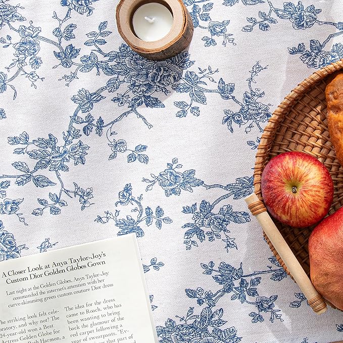 Blue Dining Table Runner - 14 x 36 Inch - French Country Linen Floral Table Runners 36 Inches Long for Holiday Kitchen Dining Wedding Home Party Decor,Vintage Floral