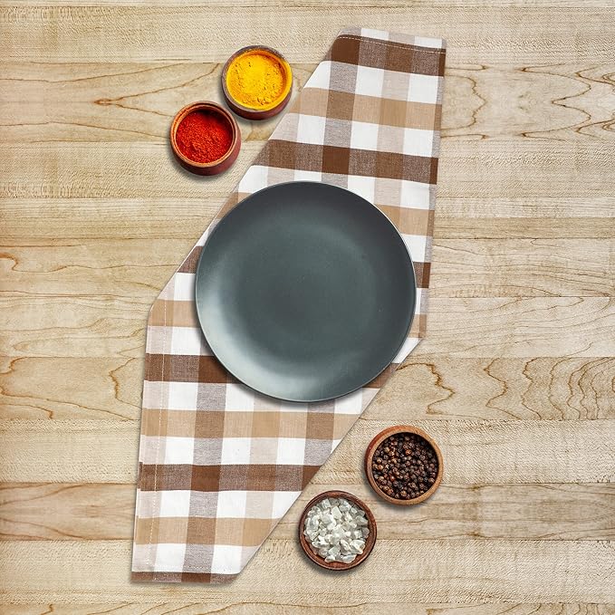 Urban Villa Cotton Dinner Napkins Set of 12, 20x20 Inche Soft Premium Cotton Napkins, Hotel Quality Highly Absorbent, Reusable & Washable Table Dinner Napkins (Taupe/Choco/Ivory, Buffalo Checks)
