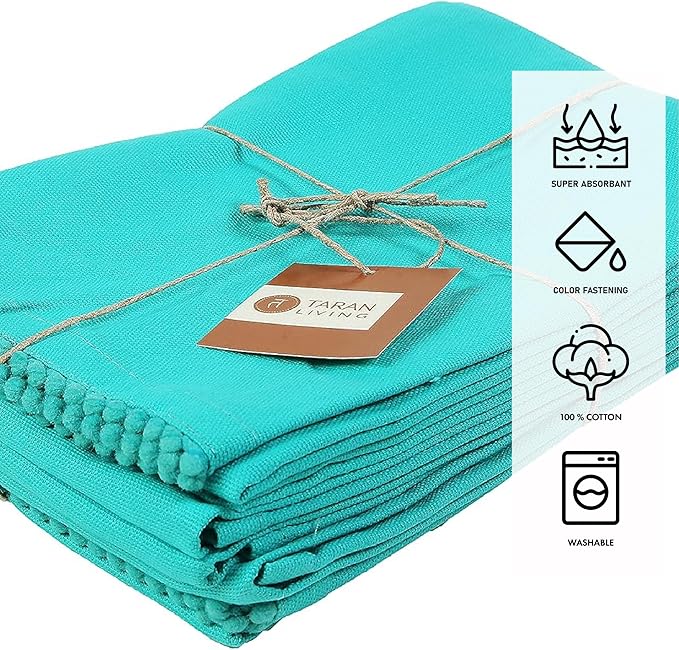 TARAN LIVING Kitchen Towels with Hanging Loop, 100% Cotton Solid Kitchen Dish Cloths, Valentine Decor Kitchen Hand Towel Reusuable Dish Towel for Cleaning, Drying, 18"x 28", Pack of 6 Teal