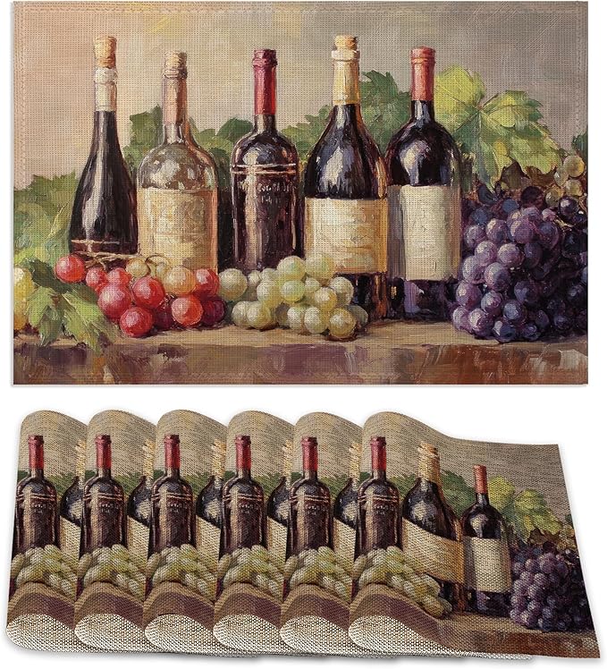 Placemats Set of 6,Retro Red Wine Table Mats, Grapes Glass Cup Washable Linen Table Mats,Non-Slip Heat Resistant Placemats for Party Kitchen Dining Indoor Outdoor 12"x18"