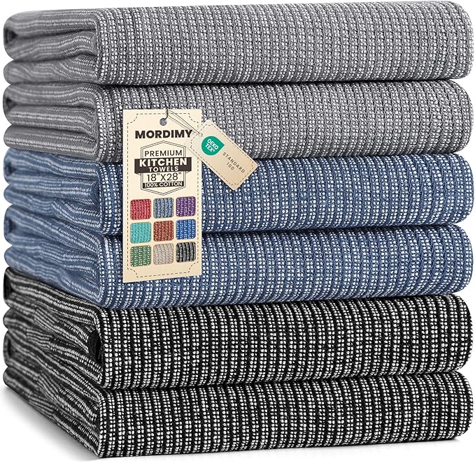Mordimy Premium Kitchen Towels 6 Pack (18 x 28 Inches, Navy Blue/Grey/Black), Large Cotton Flat & Terry Kitchen Hand Towel, Super Absorbent Tea Dishtowels Set with Hanging Loop