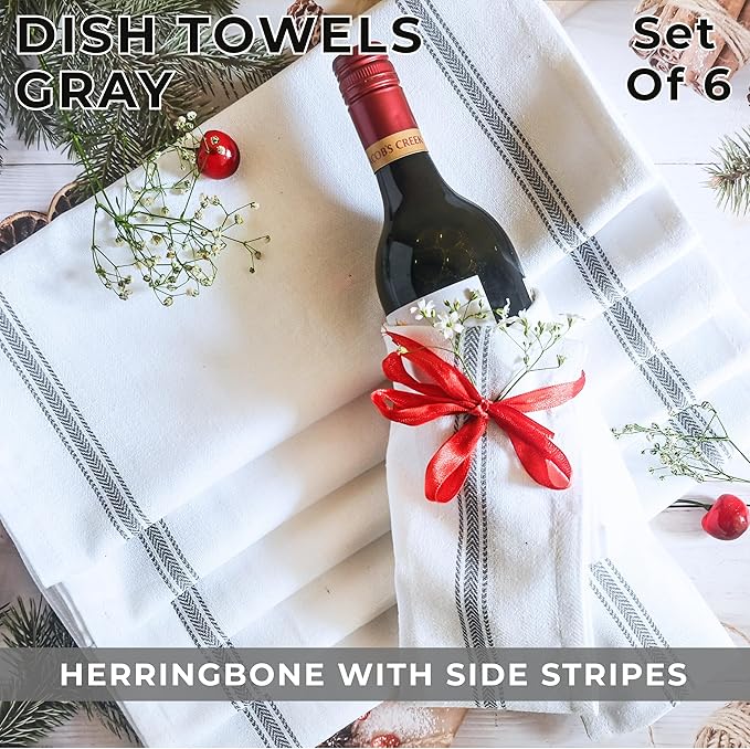 Bulk Kitchen Towels Cotton for Chefs in Commercial Restaurants - 15"X25" - 6 Pack - White Linen Tea Dish Towels - Lint Free Soft Absorbent Side Gray Striped Herringbone Weave Towles
