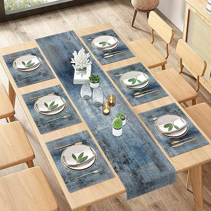 Emvency Vintage Blue Grey Table Runner and Placemats Set of 6, Modern Abstract Painting Art Dining Decor for Daily Use(1 Table Runner 72 inches Long and 6 Placemats)