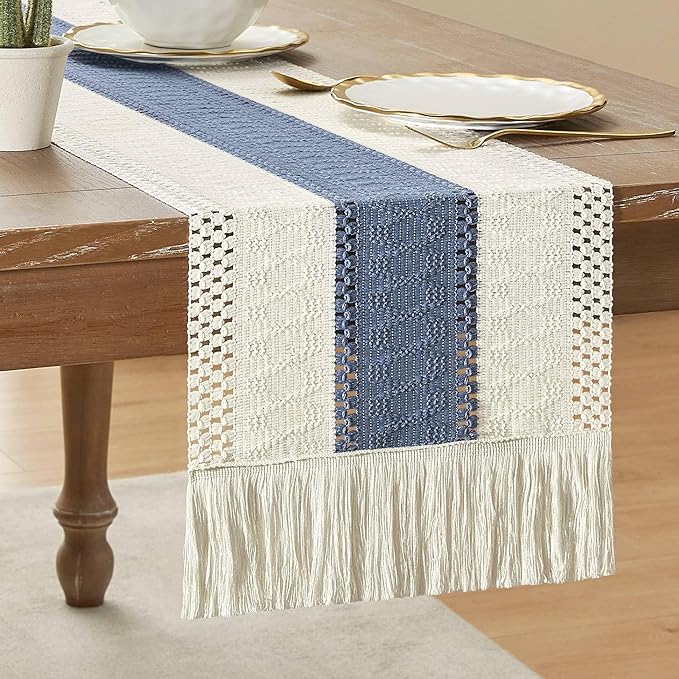 ZeeMart Macrame Style Bicolor Stitching Table Runner, 12 x 90 Inch Blue/Ivory, Boho Blue Table Runners 90 Inches Long, Farmhouse Woven Home Decor