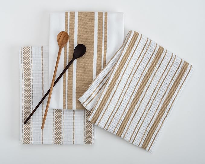 Kitchen Towels Set – Pack of 3 (20’’ x 30’’) Extra Large Premium Cotton Dish Towels for Kitchen – Absorbent – 100% Cotton – with Hanging Loop – Taupe Multi Design Striped