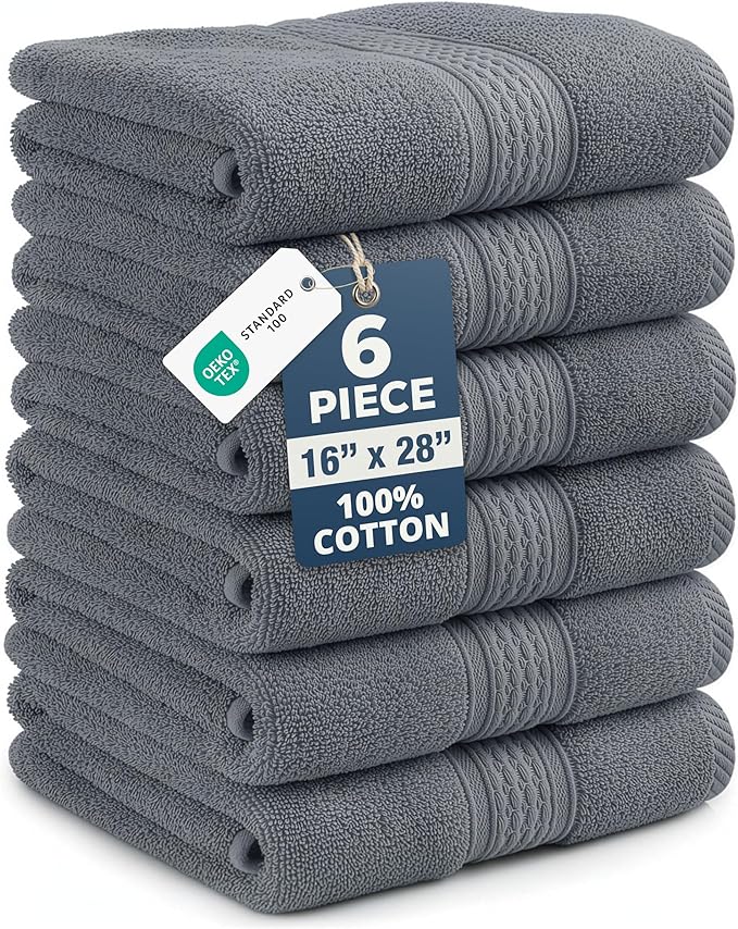 LANE LINEN Hand Towels for Bathroom - 6 Pack (16" x 28"), 100% Cotton Face Towel Set - Soft, Fade & Shrink Resistant - Hotel & Spa Inspired Hand Towels for Bathroom for Modern Family Homes - Cool Grey