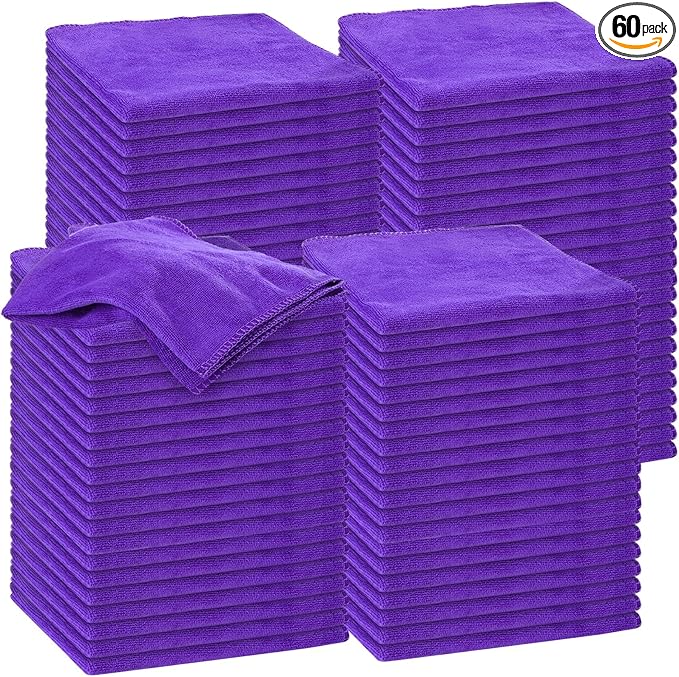 Nuenen Microfiber Cleaning Cloths for Cars 16 x 16 Inch Ultra Absorbent Car Towels Drying Reusable Cleaning Supplies House Kitchen Window Microfiber Towel(Purple,60 Pcs)