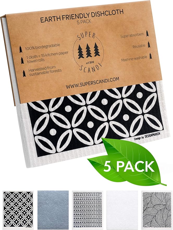 SUPERSCANDI 5 Pack Swedish Dishcloths for Kitchen - 100% Biodegradable & Compostable, Reusable Paper Towels Washable, Food-Safe & Without Plastic - Dish Rags Suitable for Any Surface, Scandi White