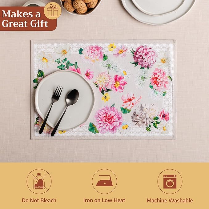 Maison d' Hermine Placemats Set of 4 100% Cotton Washable Cloth Place Mats Reusable Table Mats for Kitchen Dining Party Wedding Gifts for Mothers Day Spring/Summer (Pivoine, 13" x 19")