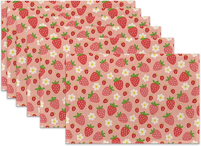 Red Strawberry Placemats for Dining Table Set of 6,Cute Flowers Place Mats for Home Party Kitchen Indoor Holiday Rustic Washable Heat Resistant Table Mats 12 x 18 Inch