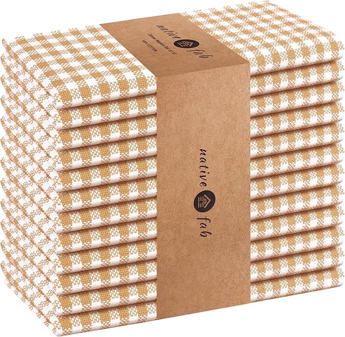 Native Fab Gingham Mini Check Cloth Napkins, Set of 12, 16x16 inches, 100% Cotton, Set of 12, Washable Soft Breathable Absorbent, Beige White