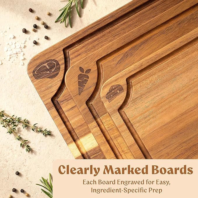 EDELHAUS Cutting Boards for Kitchen (Set of 3) Beeswax Finished Acacia Wood Cutting Board, Mineral Oil Free Wooden Cutting Boards non Toxic with Juice Groove, Non-Slip Feet, Charcuterie Boards