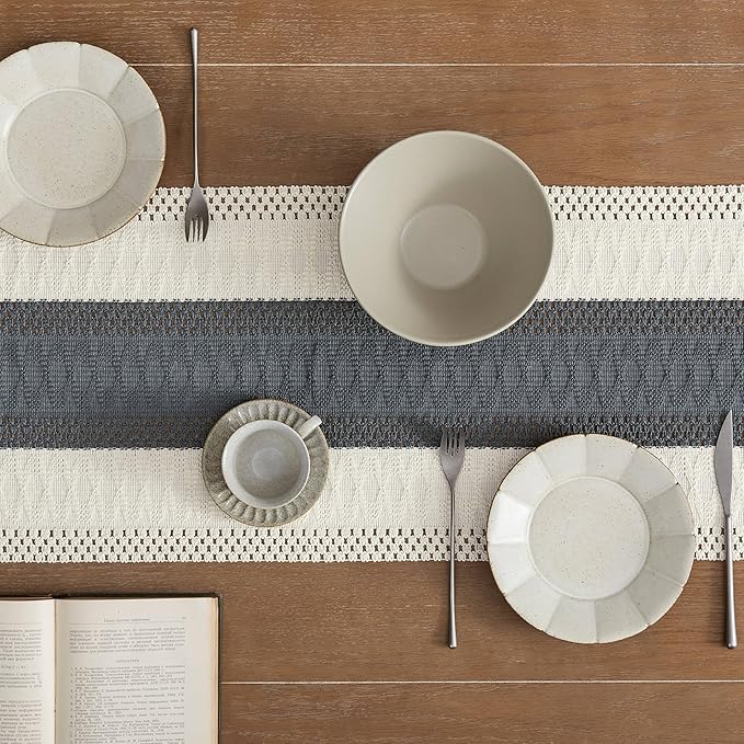 ZeeMart Macrame Style Bicolor Stitching Table Runner, 14 x 60 Inch Charcoal/Ivory, Boho Dark Grey Table Runners 60 Inches Long, Farmhouse Woven Home Decor