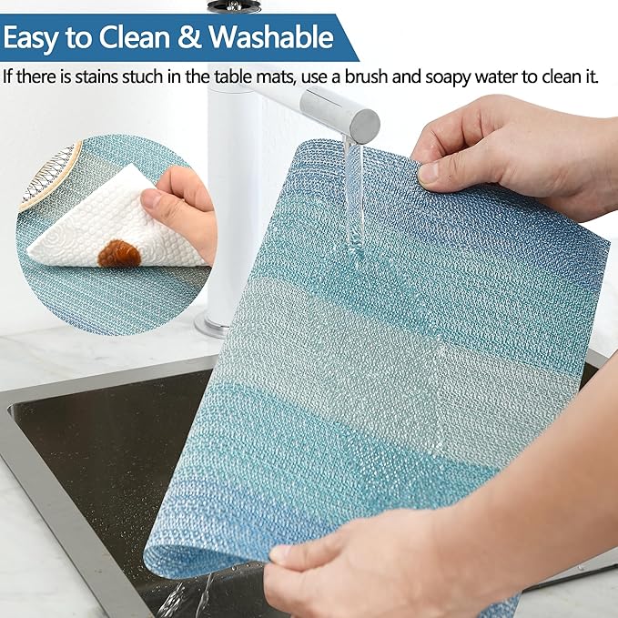 SLKQG Placemats Set of 4 - Easy Clean Washable Vinyl Placemats - Wipeable Heat Resistant Table Mats for Dining Table - 17.7x11.8 Inch (4, Blue Gradient)