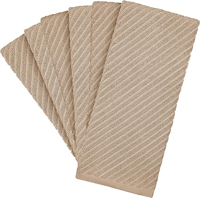 Premium Kitchen Towels (16”x 25”, 6 Pack) | Large Cotton Kitchen Hand Towels | Dish Towels | Diagonal Weave Design | 445 GSM Highly Absorbent Tea Towels Set with Hanging Loop | Tan