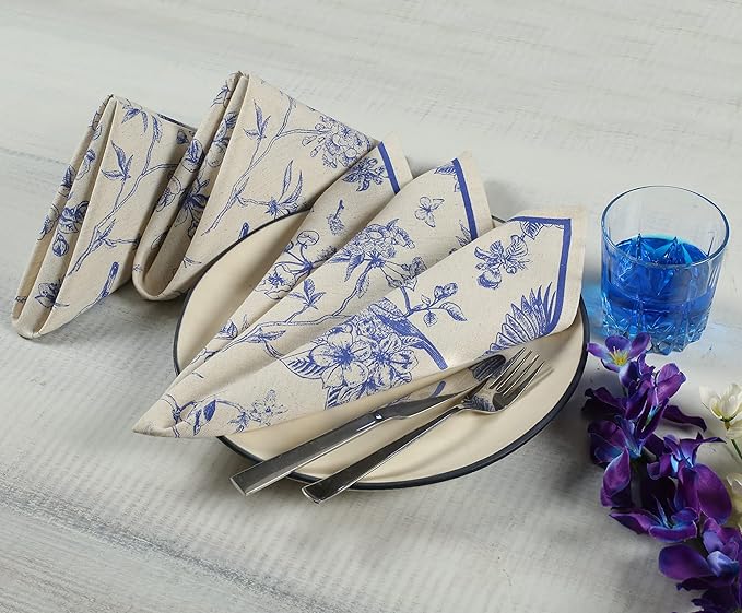FINGERCRAFT Cloth Napkins, Set of 4 Cotton Linen Blend Printed Dinner Napkins Cloth Mitered Corner Perfect for Parties Dinners Weddings Cocktail Christmas Easter 20x20 Toile