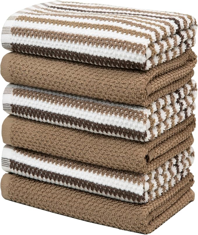 Premium Kitchen Towels (16”x 26”, 6 Pack) | Large Cotton Kitchen Hand Towels | Popcorn Striped Design | Dish Towels | 430 GSM Highly Absorbent Tea Towels Set with Hanging Loop | Tan
