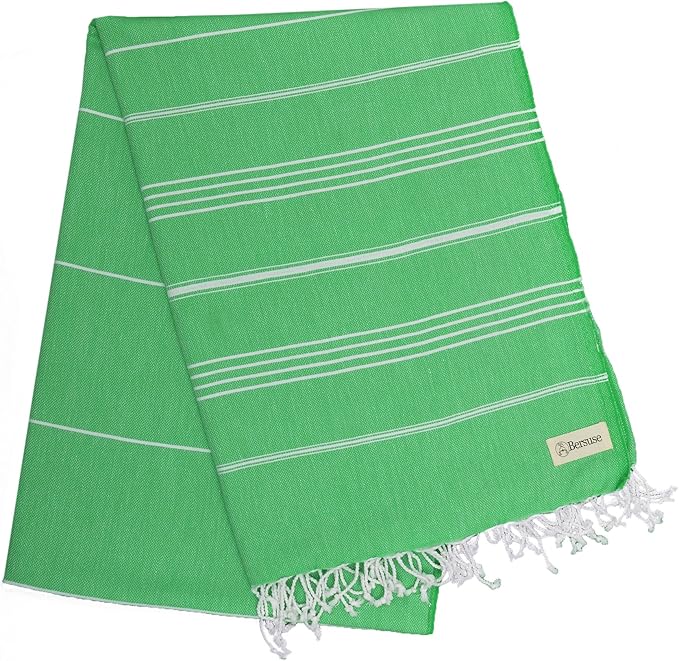 Bersuse Towels Anatolia XL Beach Blanket Throw Blanket Turkish Towel 100% Cotton Extra-Large Quick-Dry Lightweight Premium Peshtemal Towel - 61x82 Inches, Green (Set of 3)